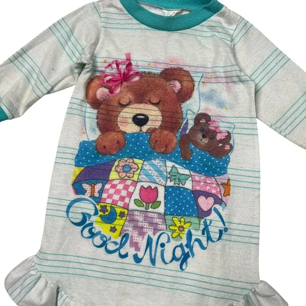 Vintage 70s Teddy Bear Long Sleeve Pajama Sleep Nightgown Girls Baby 12 Months